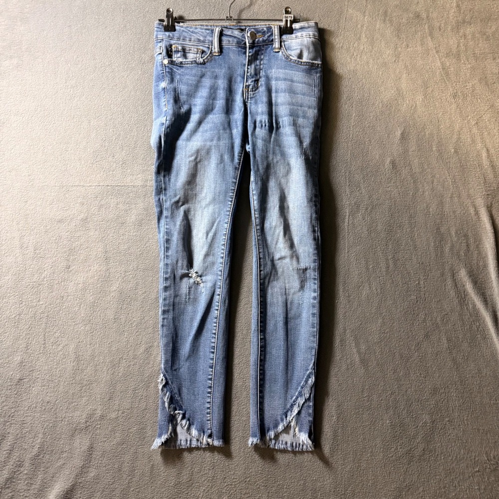 Judy Blue Skinny Fit Distressed Jeans Medium Wash Tulip Raw Fringe Hem 1/25